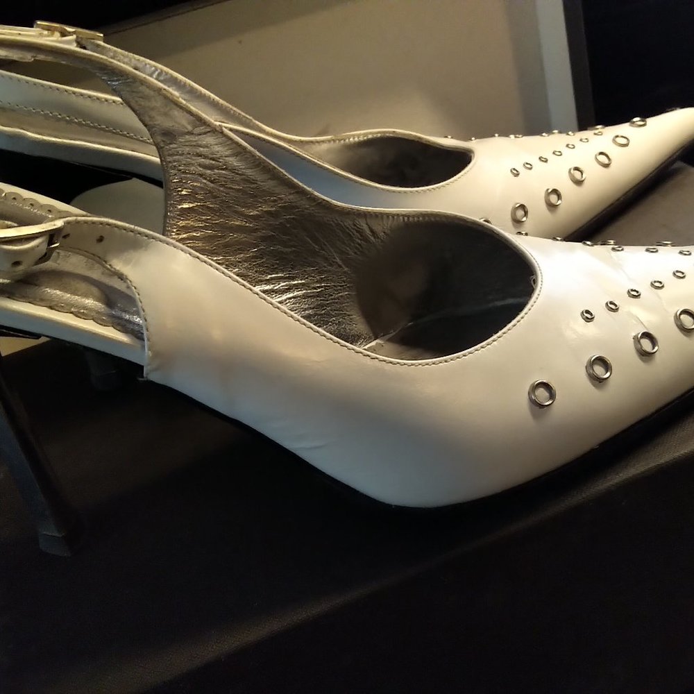 White Slingback Heels with Metallic Stud Detail